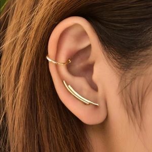 Three piece gold metal ear hugger and cuff set